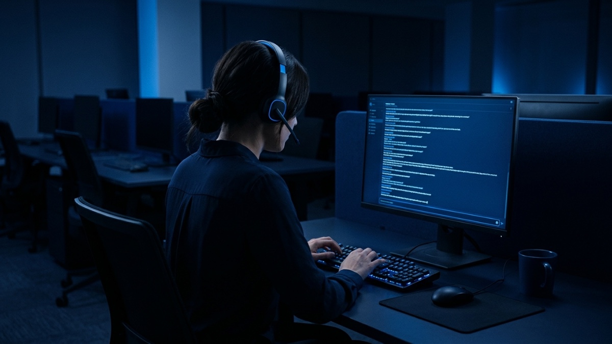 Une conseillère de service client, casque sur les oreilles, relit sur son écran une conversation menée sans elle et ne prend la main que sur le dernier message