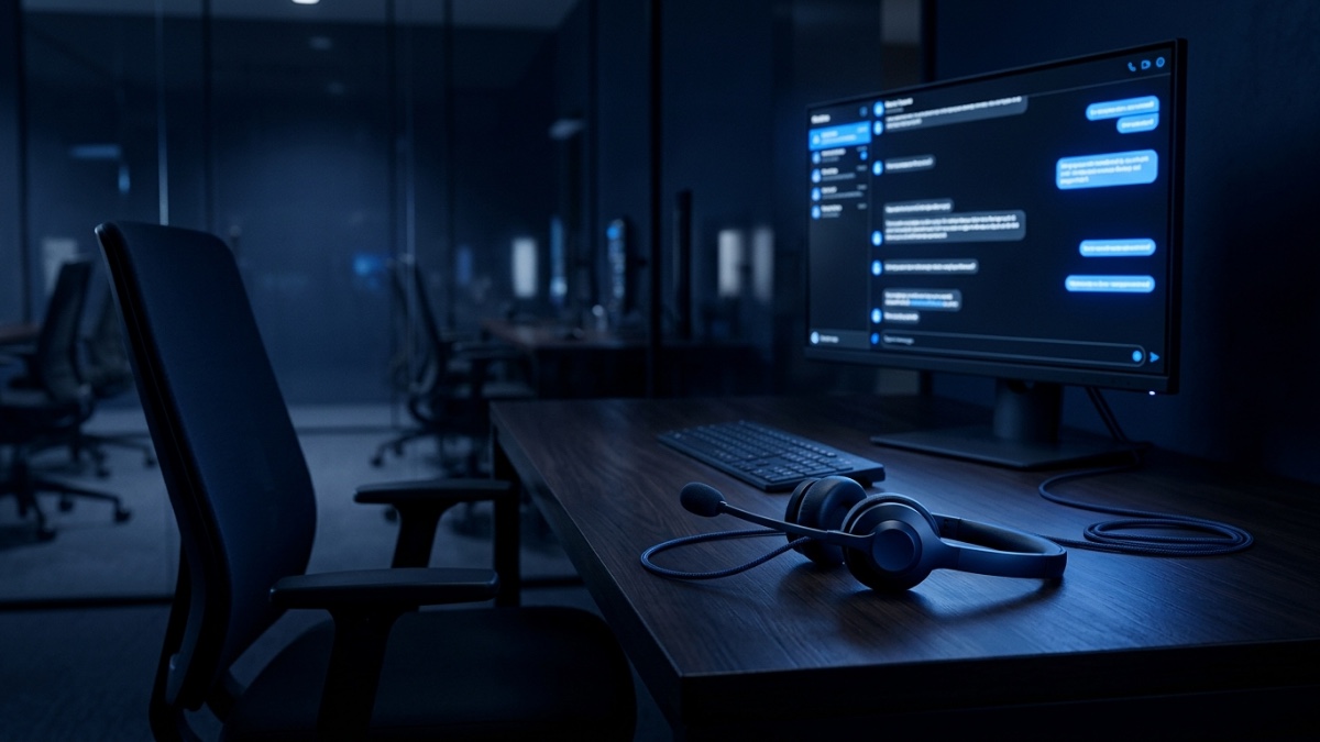 Un casque d’agent de service client posé sur un bureau devant un écran où défile une conversation, la chaise vide tournée vers l’écran, prête à être reprise