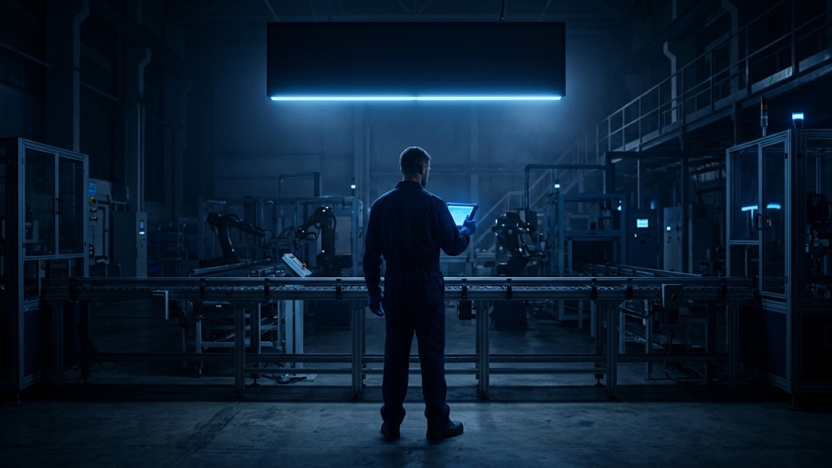 Un atelier d’usine la nuit, un tableau lumineux au-dessus de la ligne d’assemblage et un technicien seul devant une tablette — le dépannage assisté par un agent IA
